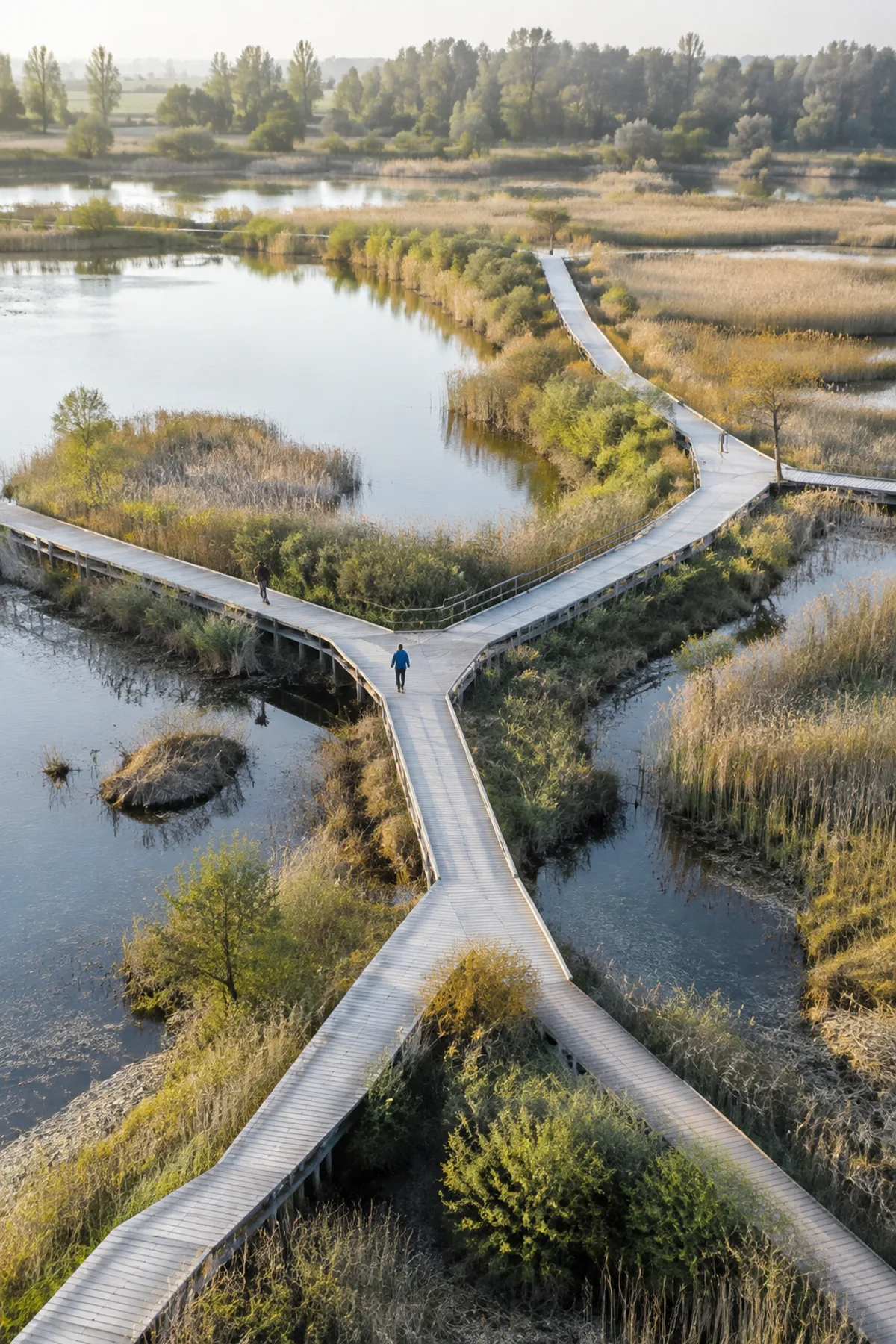 Des sentiers de bois qui se ramifient à travers un paysage de zones humides.